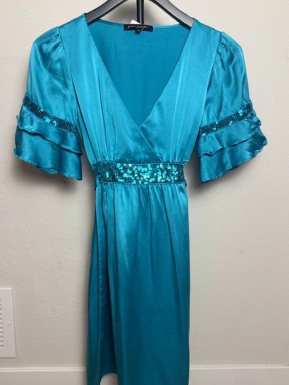 Vintage Betsey Johnson 100% Silk Turquoise Sequin Dress – Size 8 – Made in USA